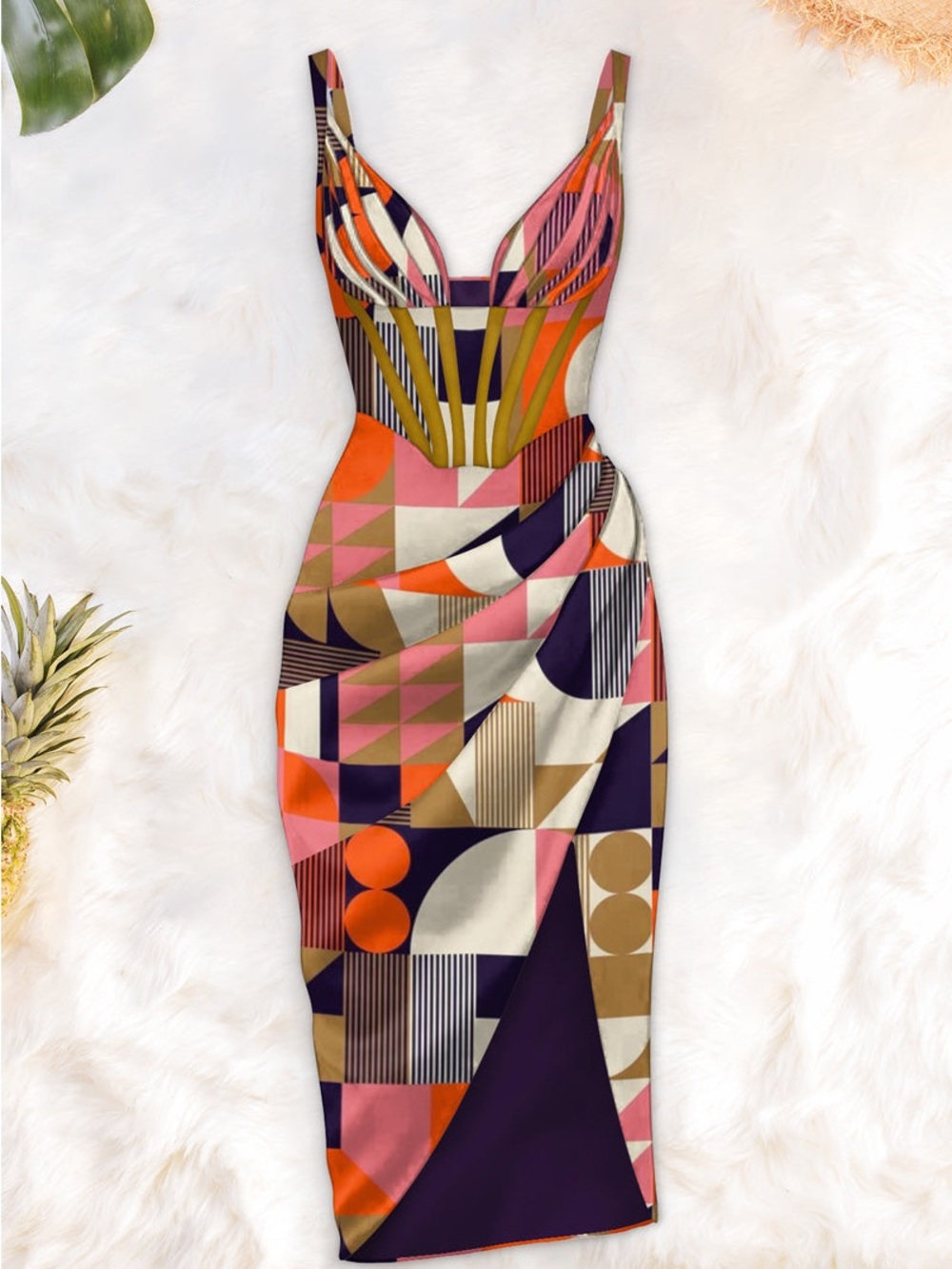 NWT Averie Maeve draped midi dress with geometric fabric and structured boning
